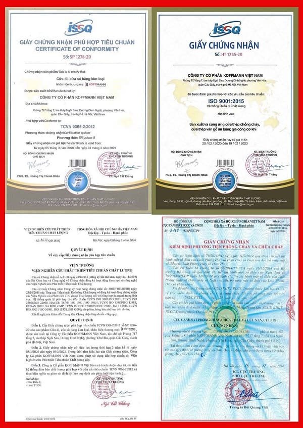Các cơ quan chức năng cấp giấy chứng nhận kiểm định chất lượng sản phẩm cửa thép vân gỗ Koffmann
